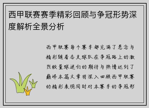 西甲联赛赛季精彩回顾与争冠形势深度解析全景分析