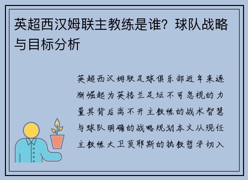 英超西汉姆联主教练是谁？球队战略与目标分析